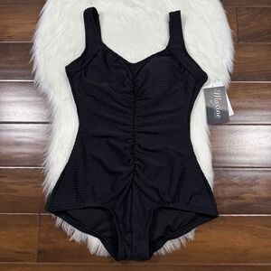 Maxine Of Hollywood‎ Size 12 Black Textured Spa Shirred One Piece Swimsuit